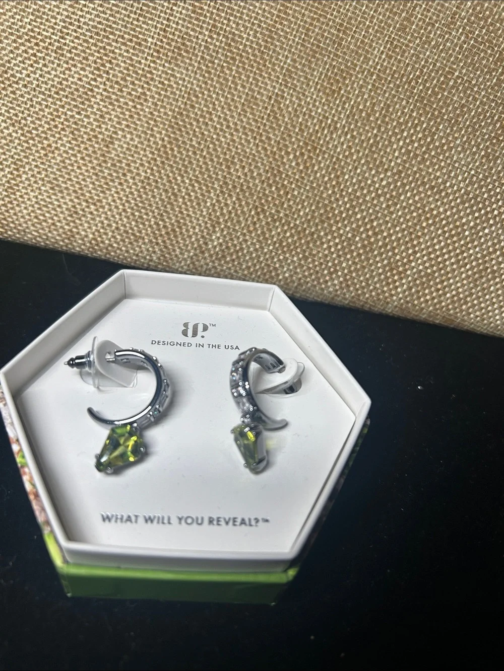Designed in the USA August / Green Crystal Drop Hoop Earrings